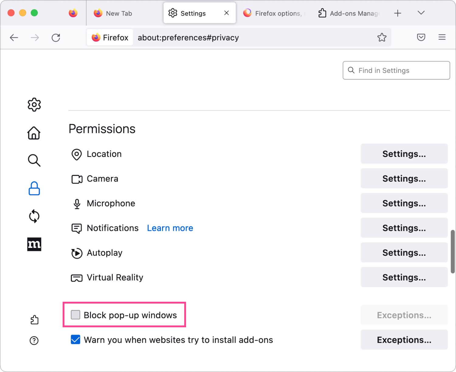 Autoriser les fenêtres contextuelles sur Mac Firefox