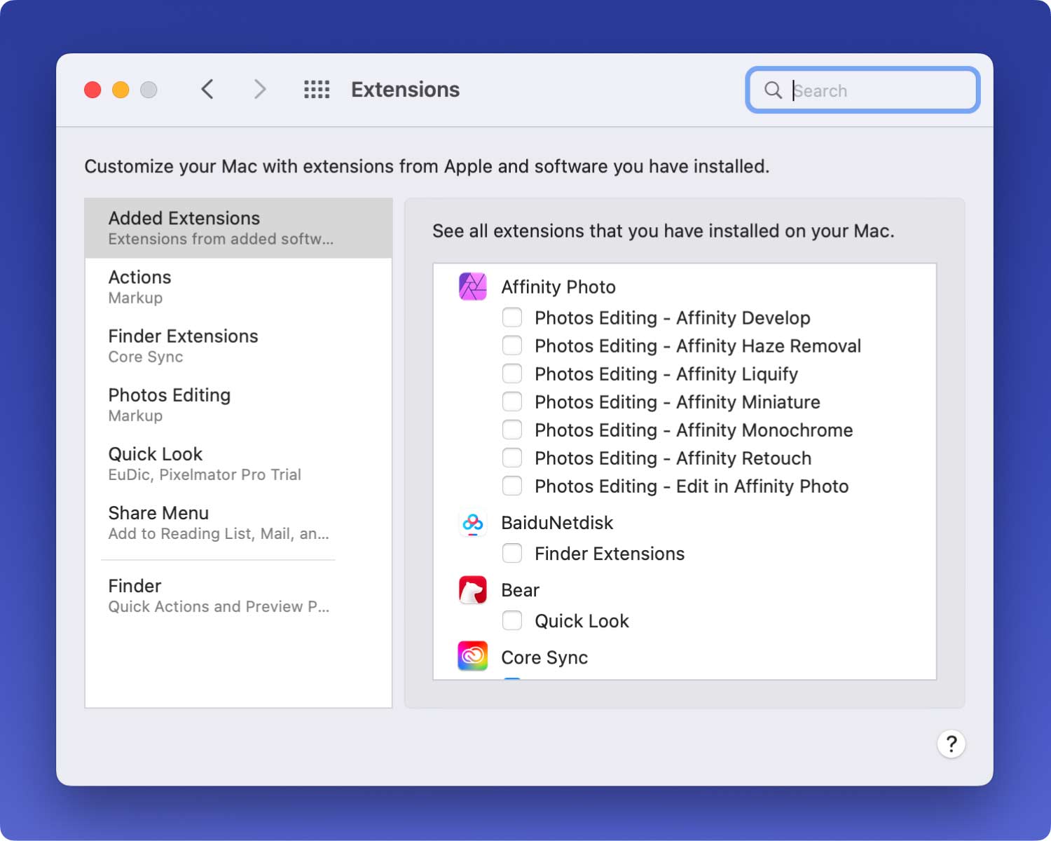 Comprobar extensiones en Mac