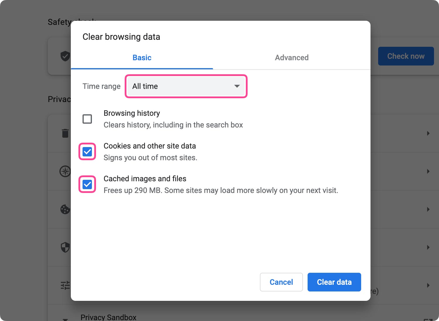 Wyczyść pamięć podręczną, aby naprawić Chrome Brak dźwięku na komputerze Mac