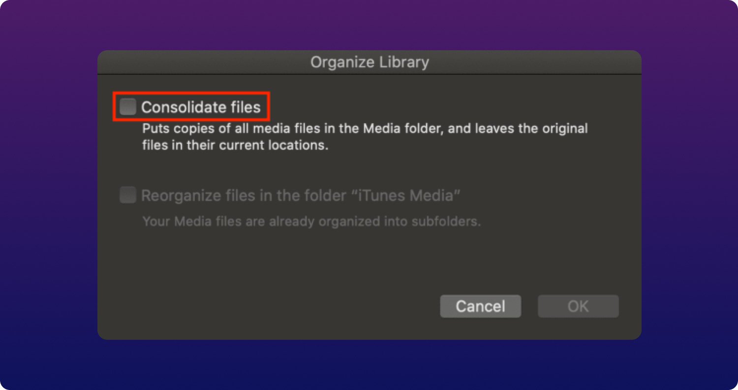 Andere iTunes-Sicherungsoptionen: Dateien konsolidieren
