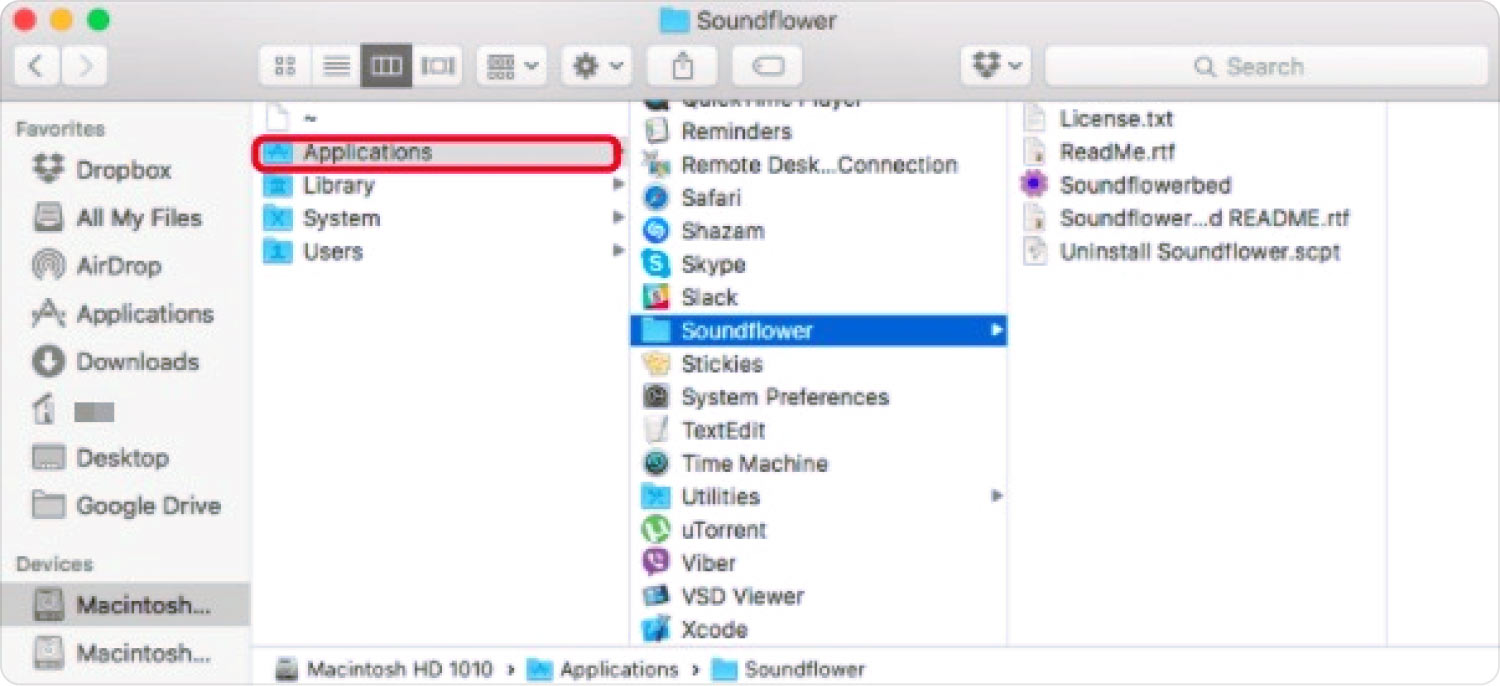 Mac で Finder を使用して SoundFlowerBed をアンインストールする