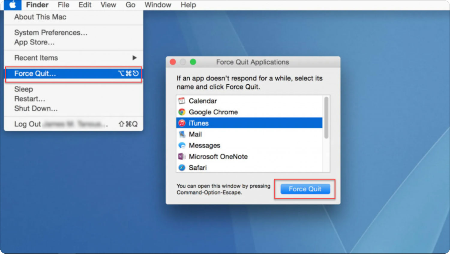 استخدام قائمة Apple للتحكم + Alt + Delete على جهاز Mac