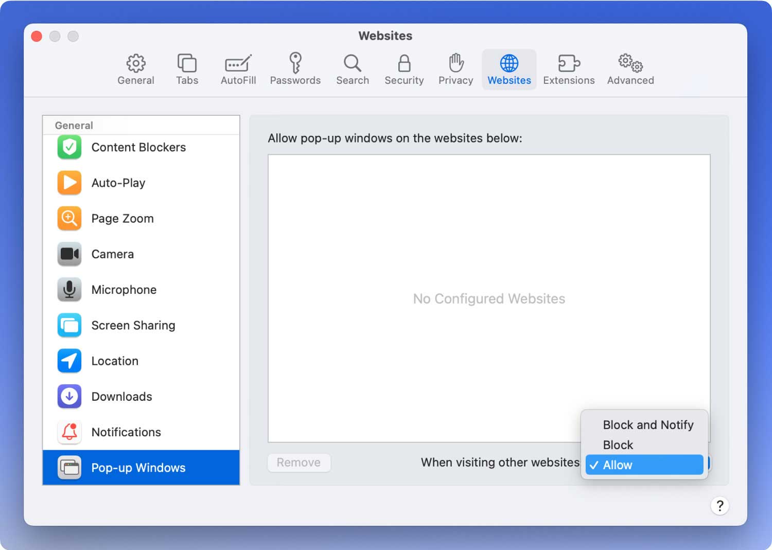 Autoriser les fenêtres contextuelles sur Mac