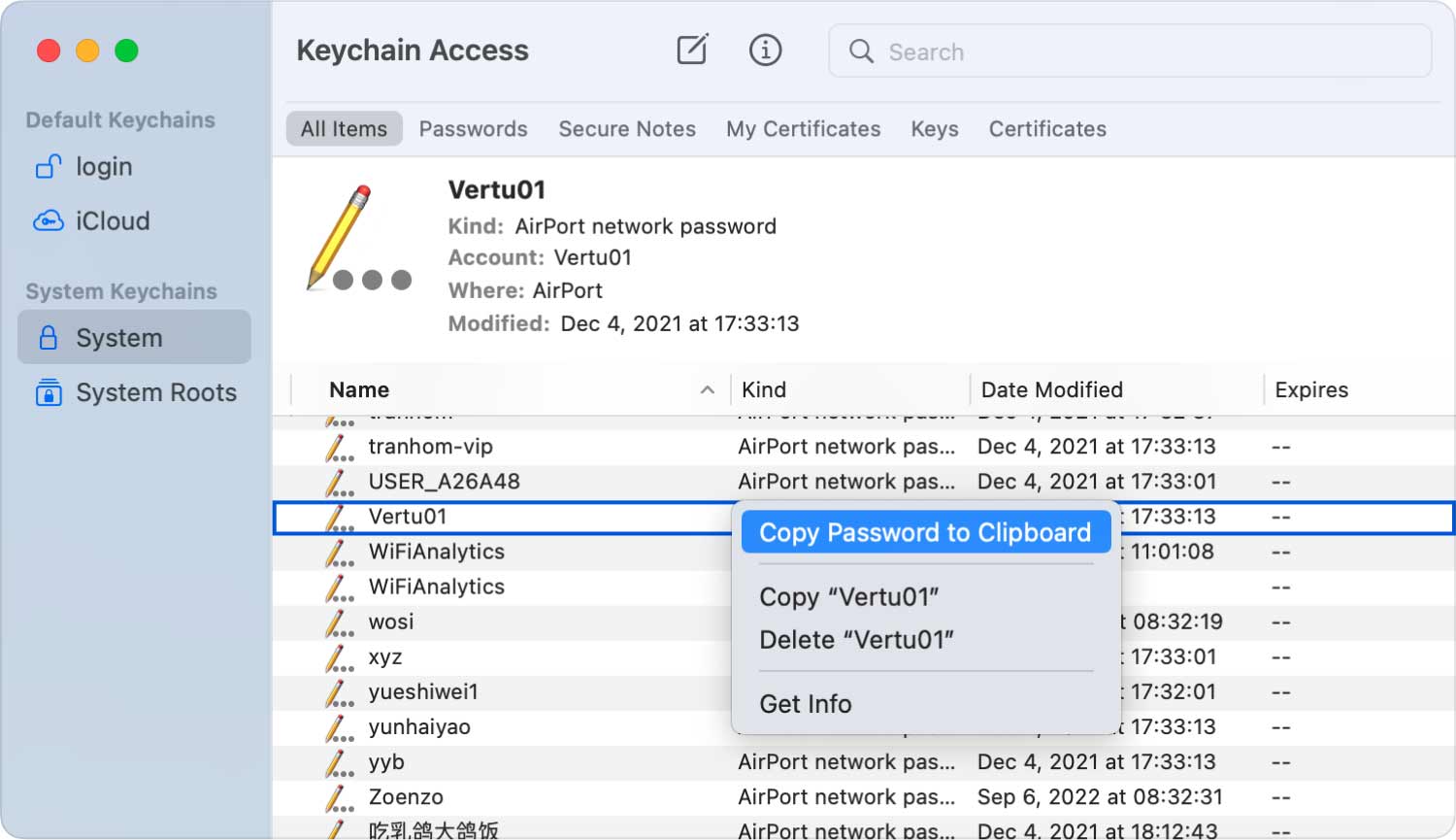 So finden Sie das WLAN-Passwort auf dem Mac. Kopieren Sie das Passwort