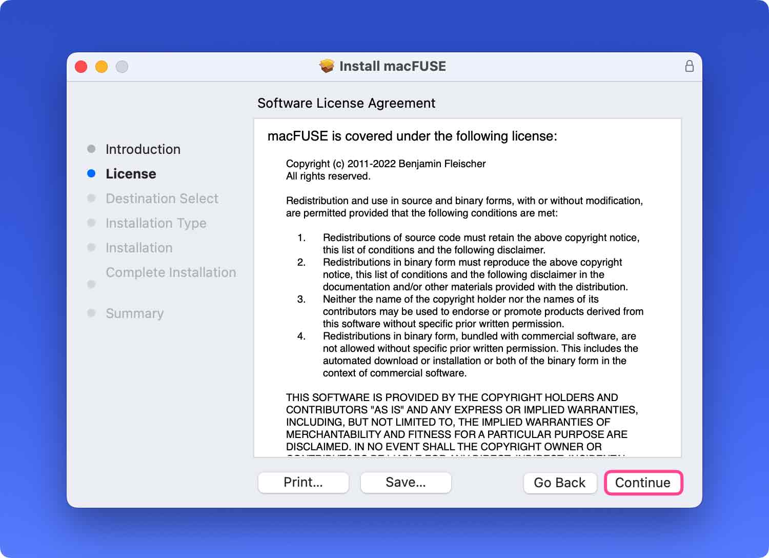 Licenza di installazione Osxfuse