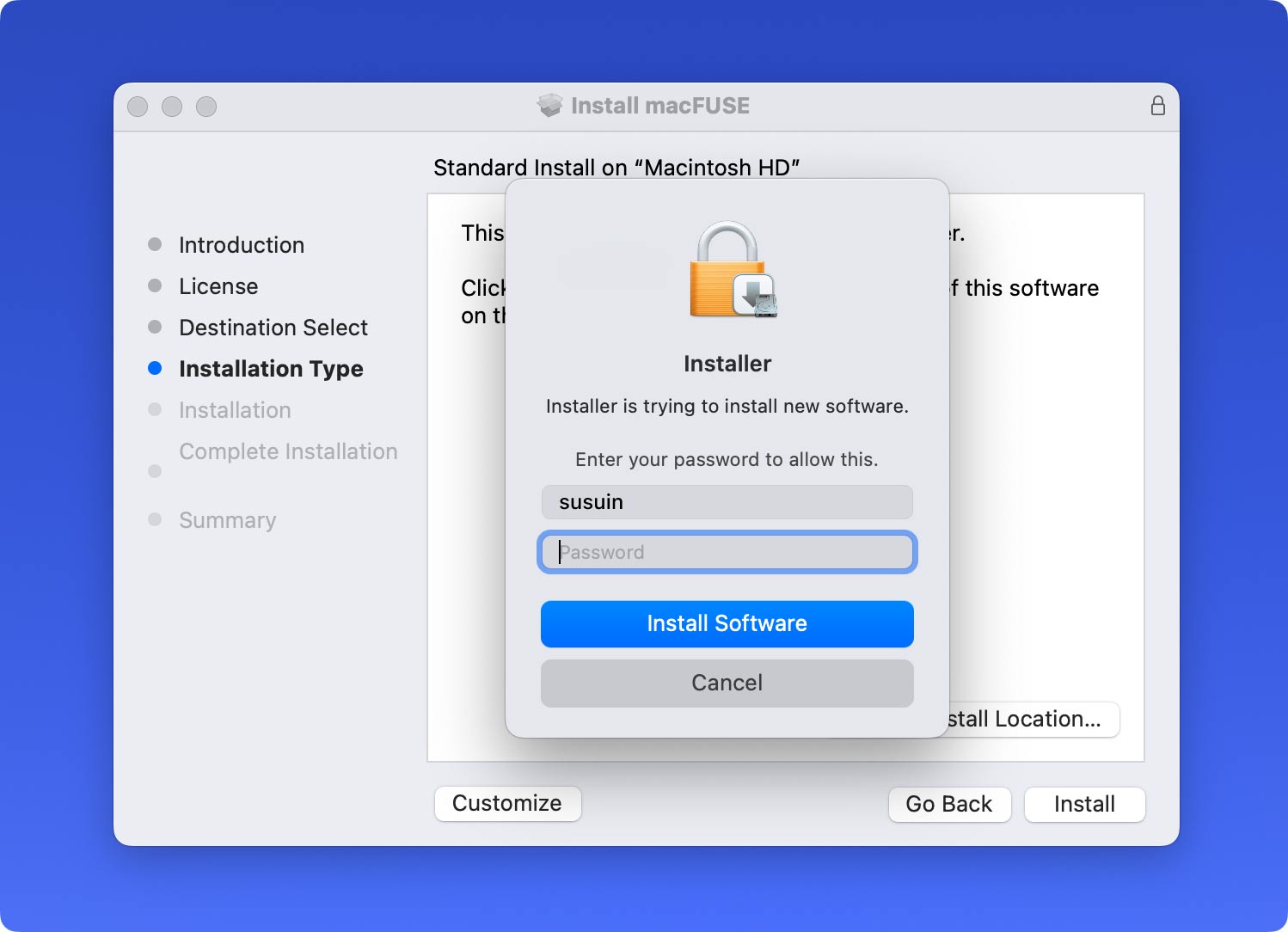 Osxfuse-Installationskennwort