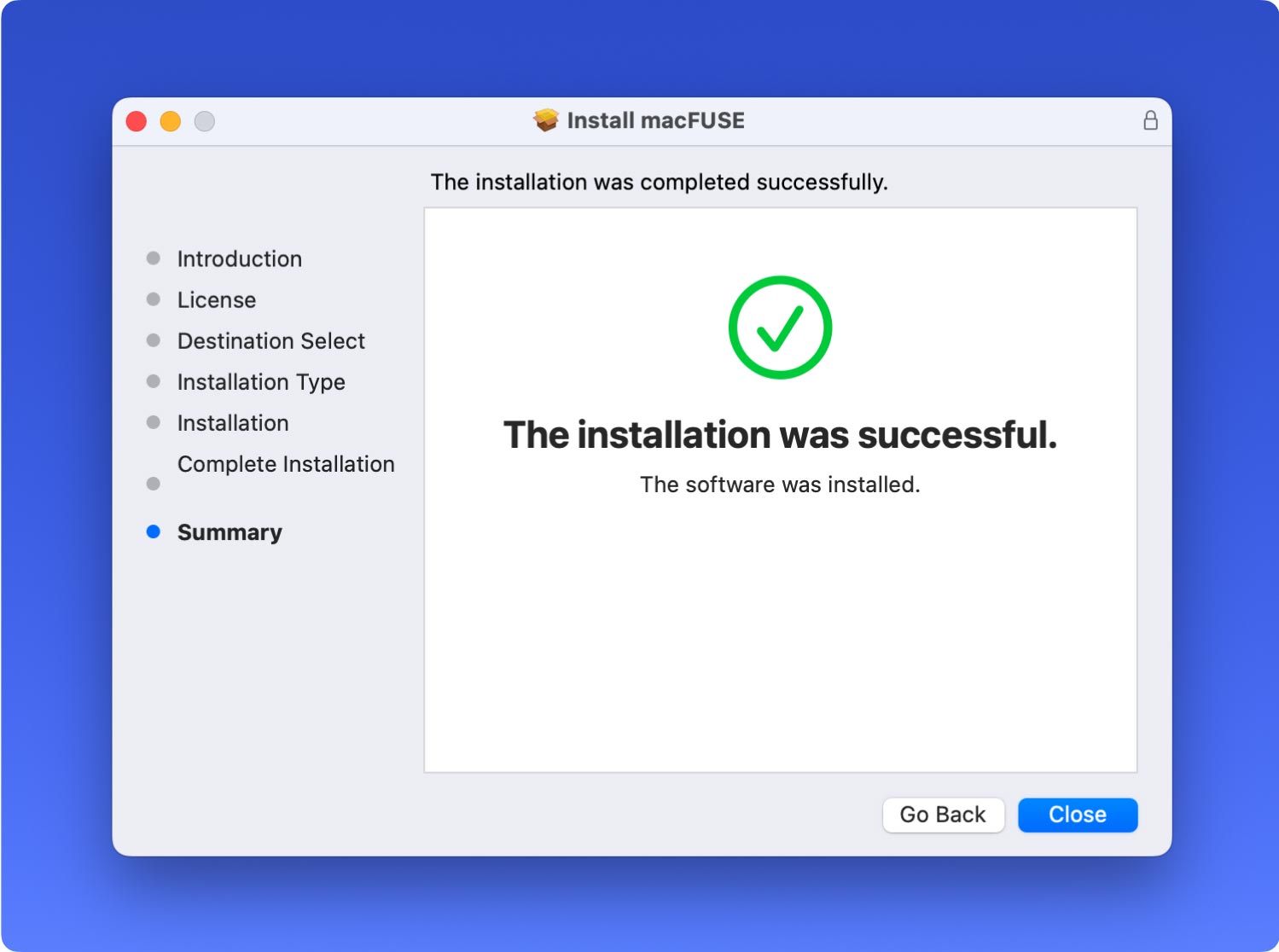 Succès de l'installation d'Osxfuse