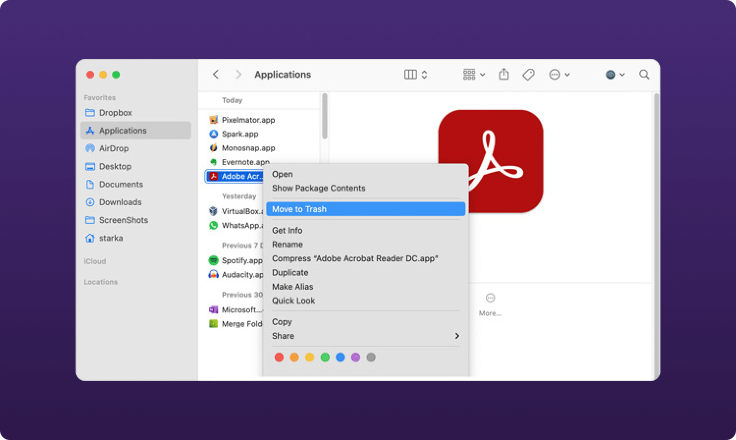 Odinstaluj usługę Creative Cloud na komputerze Mac za pomocą Findera
