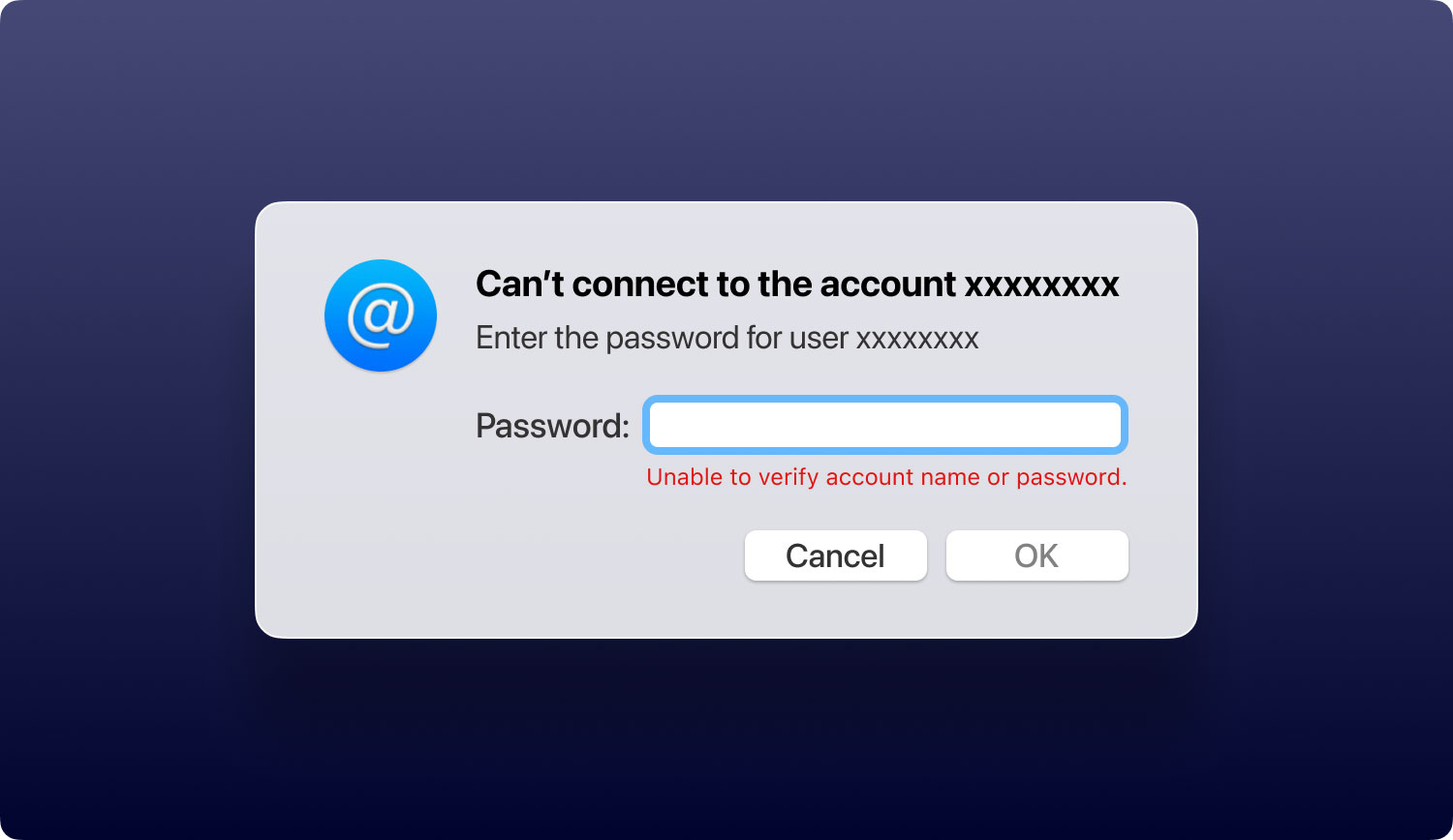 无法在 Mac Mail 上验证帐户名或密码