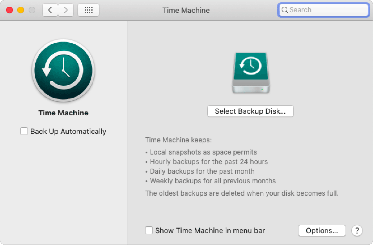 Oczyść przestrzeń MacOS Purgeable Space: Wyłączanie kopii zapasowej na Time Machine