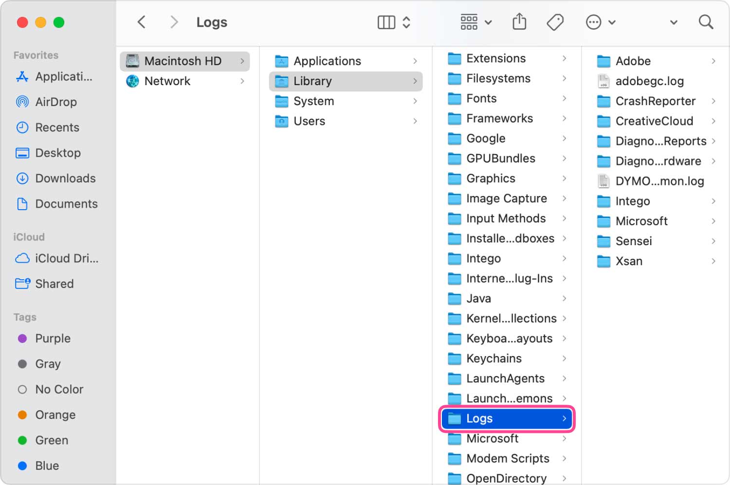 Mac で Finder を使用してログ ファイルを削除する方法