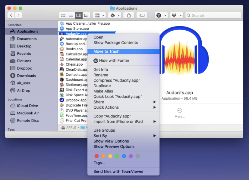 在 Mac 上使用 Finder 卸载 Audacity