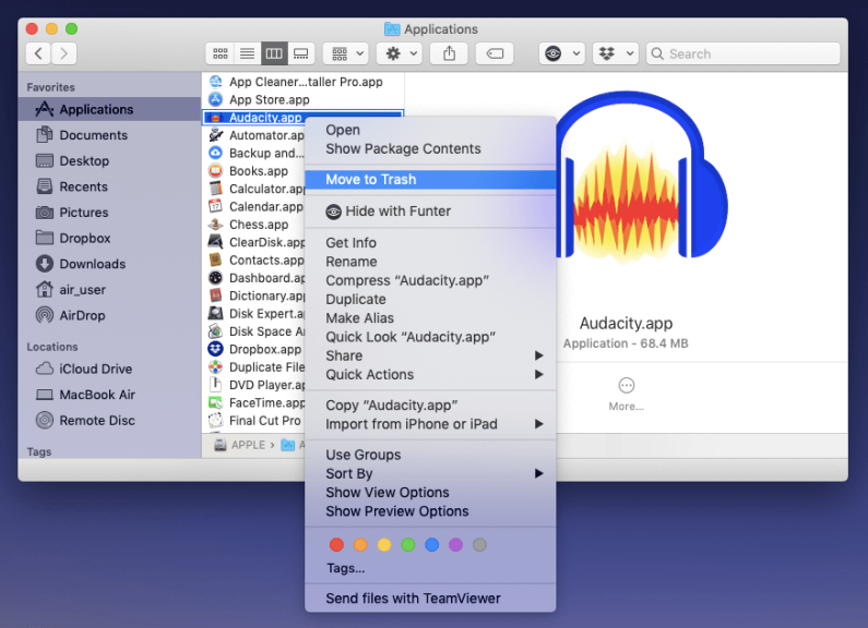 Finder を使用して Mac で Audacity をアンインストールする