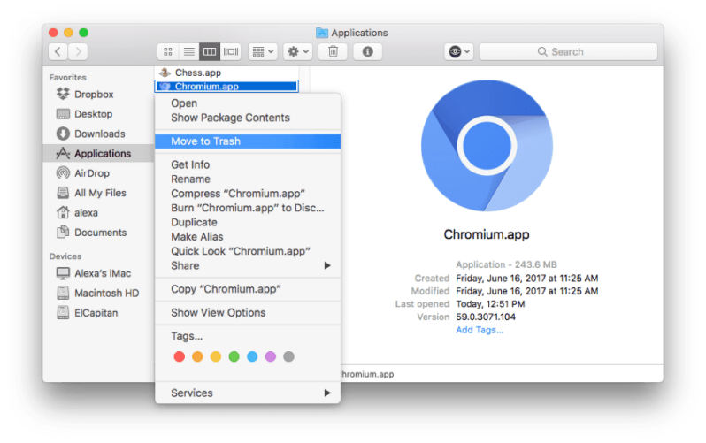 Disinstalla Chromium su Mac manualmente