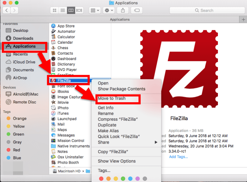 Verwijder FileZilla op Mac met behulp van Finder
