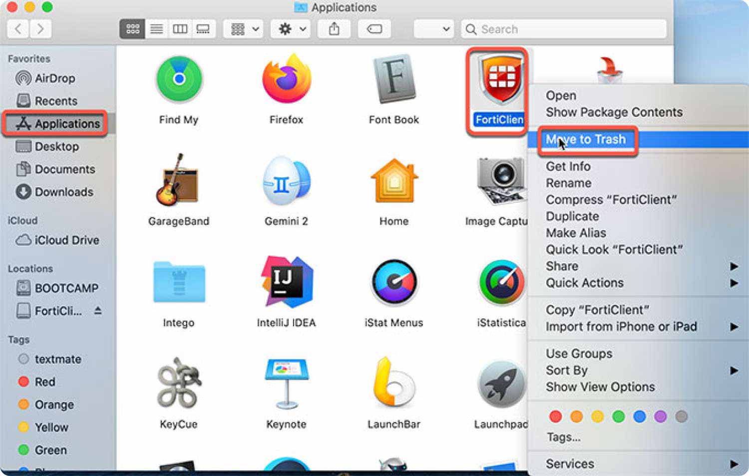 قم بإلغاء تثبيت FortiClient على نظام Mac باستخدام Finder