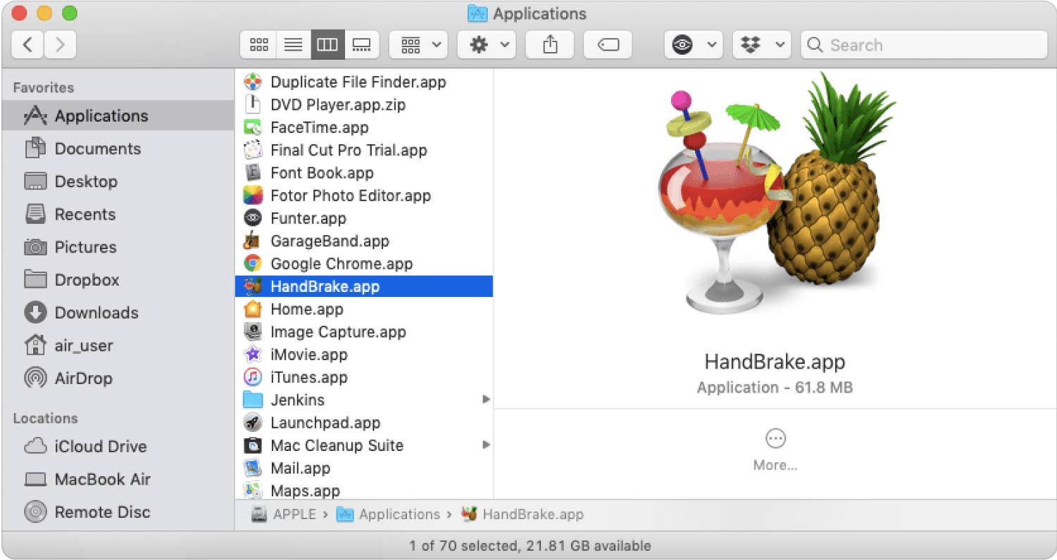 Odinstaluj HandBrake na komputerze Mac za pomocą Findera
