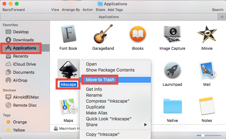 Disinstalla Inkscape su Mac utilizzando Finder