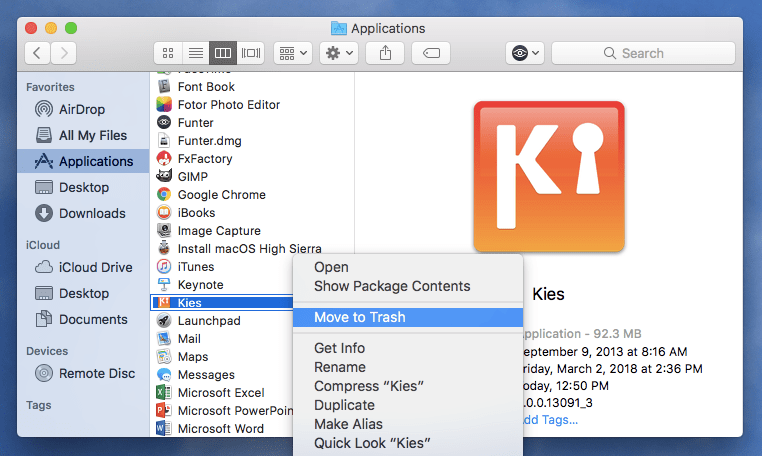 Desinstale o Kies no Mac manualmente
