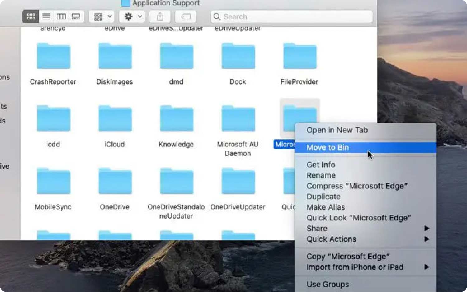 在 Mac 上卸载 Microsoft Edge：将 Edge 文件夹移动到 Bin