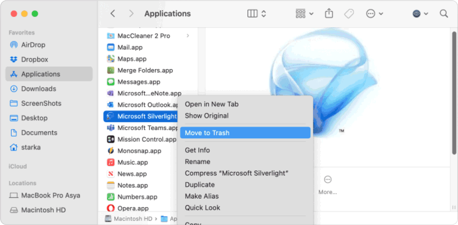 Finder を使用して Mac で Silverlight をアンインストールする