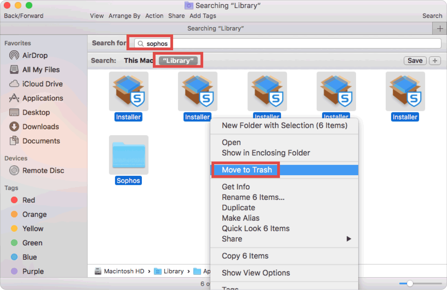 使用 Finder 在 Mac 上卸载 Sophos