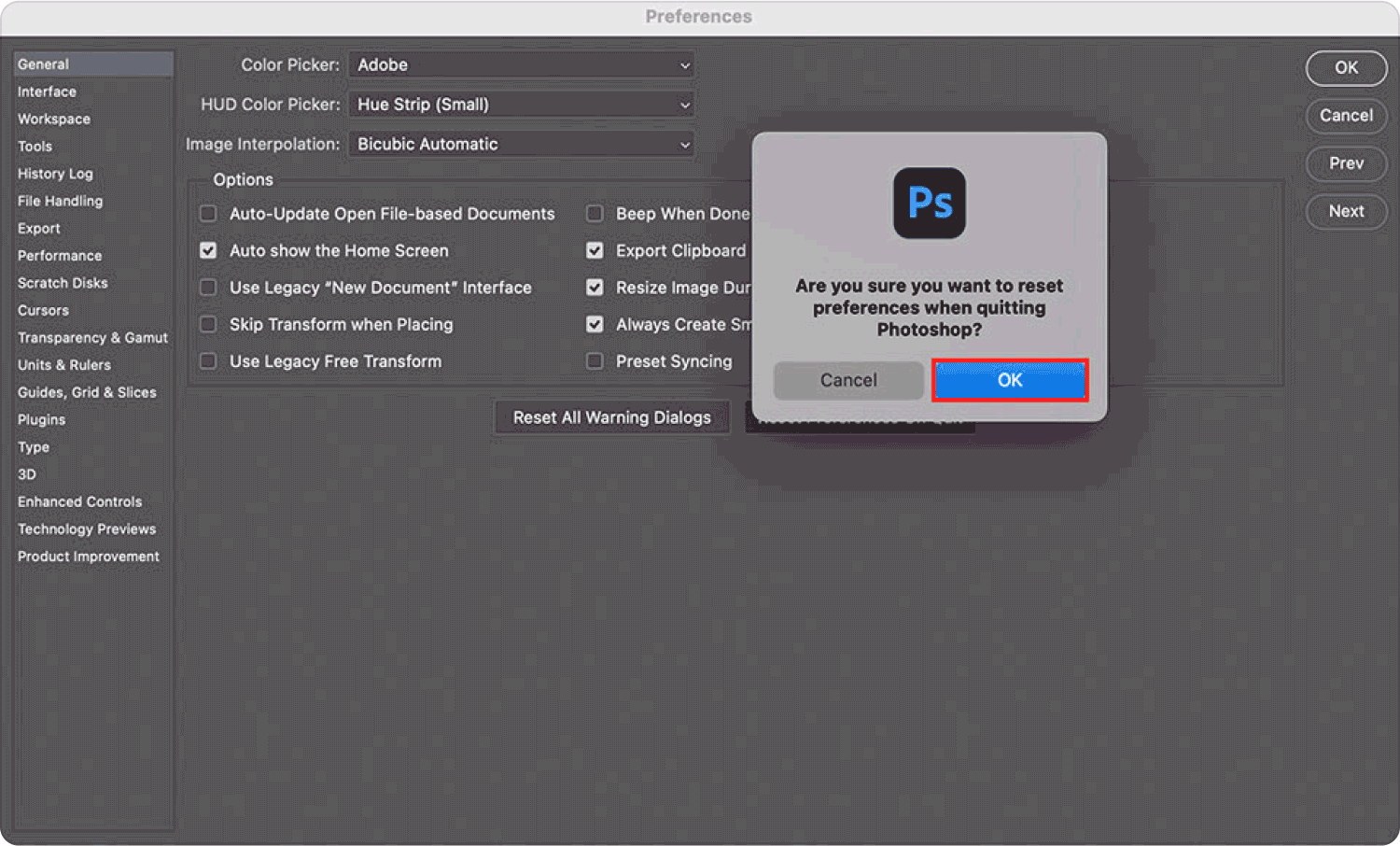 Reset Preferences Quit Photoshop