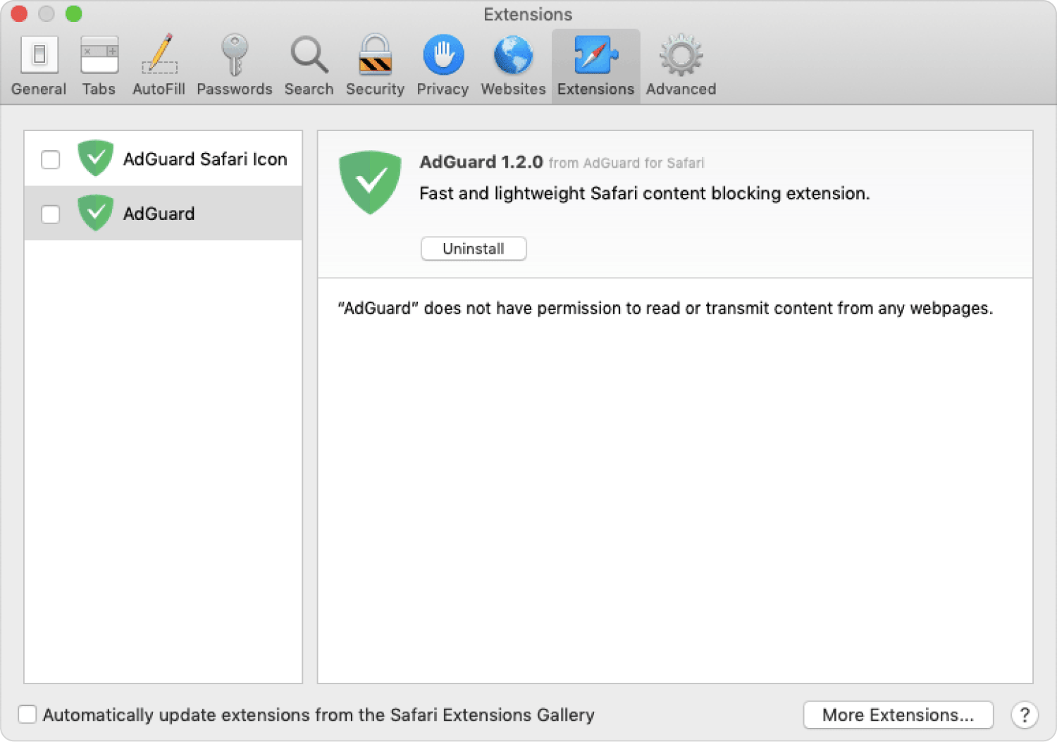 Uninstalling AdGuard Extension through the Safari App