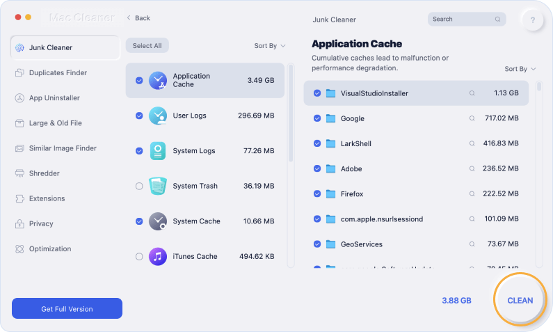 Scegli in modo selettivo i file spazzatura e fai clic sul pulsante CLEAN.